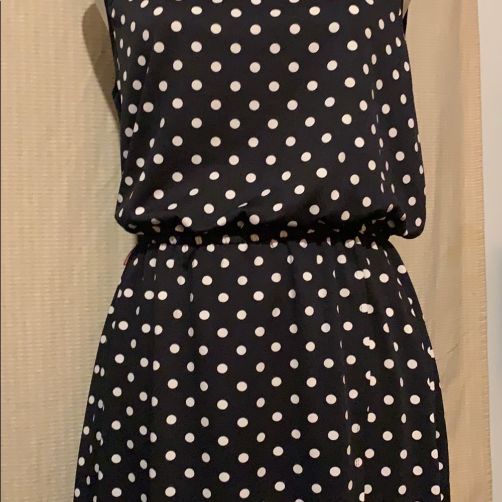 Black polka dot sheath dress with split skirt